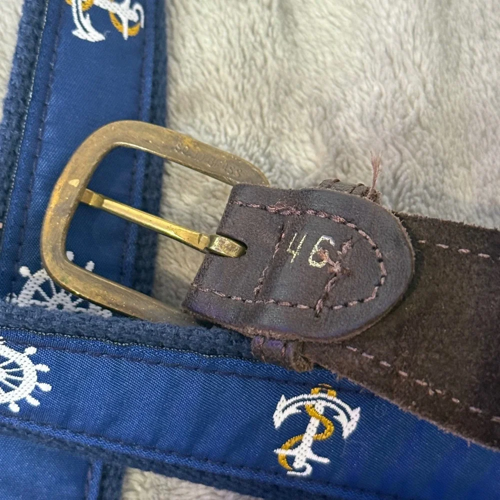 Men's Preppy Nautical Leather Canvas Belt Size 46 Blue Anchor Surcingle Sailing